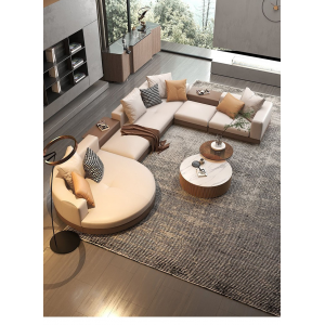 ‌L-Shaped Corner Sofa with Round Ottoman for Living Room